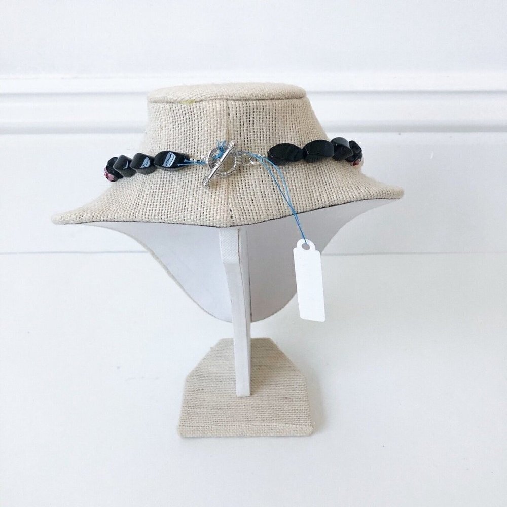 NWT Genuine Pearls, Black Onyx & Painted Ceramic Beads Necklace Floral White - Picture 4 of 5